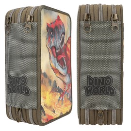 Depesche 13135 Dino World Filled 3-Compartment Pencil Case in Olive Green, Motif with 3D Effect, Pencil Case with Coloured Pencils, Ruler, Scissors and much more