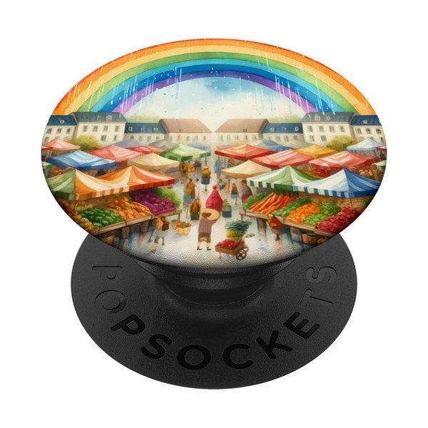 Rainbow Over Bustling Farmers' Market. Stalls Fruits Lively PopSockets Standard