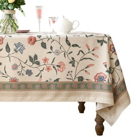 ISAENNE French Tablecloth for Rectangle Tables,Linen Table Cloth with Pink Flowers and Leavs Pattern,Heavy Durable Table Cover for Dining Thanksgiving Kitchen Decor Party Christmas,63"*94"