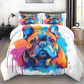 Pamnest Comforter Set Full Size, Cute Dog Vintage Soft 3 Pcs Bedding for Kids and Adults, French Bulldog Colorful Comforter Set with Pillowcase, for Bedroom Bed Decor