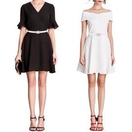 CB Women's Elegant Pearl Shiny Rhinestone Buckle Skinny Soft Genuine Leather Belts Waistband, Black & White, One Size