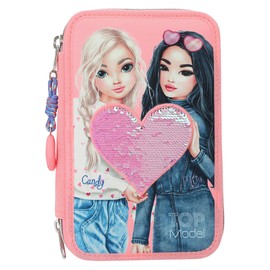 Depesche TOPModel 12950 Filled 3-Compartment Pencil Case in Pink, with Model Motif and Reversible Sequins, Pencil Case with Colouring Pencils, Ruler, Scissors and much more