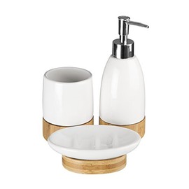 Premier Housewares Earth Bathroom Set-White/Bamboo-3 Piece, Dolomite, 20 x 21 x 9 cm