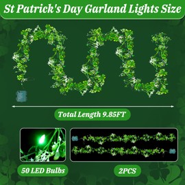 2 Pack 9.85 FT St Patrick's Day Garland with Green LED Lights, Battery Operated Irish Shamrock Garland Fairy Lights with 8 Modes, St Patricks Day Decorations Garland for Mantle Porch Door Stairs Table