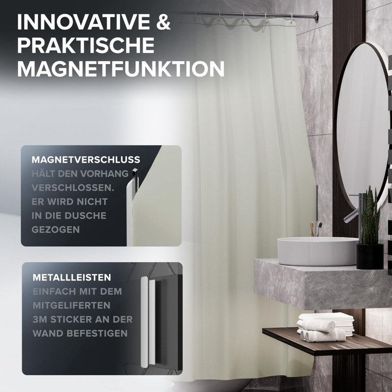 ovimar Kjelfossen Magnetic Shower Curtain, Beige, Washable, Quick-Drying, Anti-Mould Shower