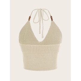 Verdusa Women's Embroidery Tie Backless Halter V Neck Crop Knit Top Camisole Beige Small