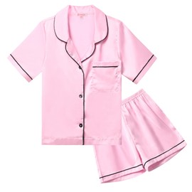 QPANCY Big Girls Boys Button Up Pajamas Set Summer Pjs Kids Pink Short Sleeve Sleepwear Size 12 13
