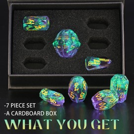 FONVGOGO DND Dice Set Stonehenge Resin Dungeons and Dragons Dice 7 Pieces Polyhedral D&D Dice Game Cube DND Dice Set (S-Green and Gold)
