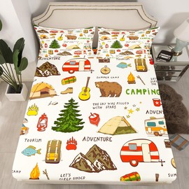 Adventure and Camping Fitted Sheet Full Size,Cute Bear Bedding Set 3Pcs for Kids Girls Boys Adult Room Decor,Cartoon Mountain Pine Tree Tent Print Bed Sheet Camper Deep Pocket Sheet,2 Pillowcases