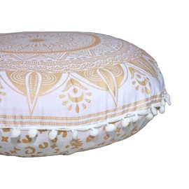 CRAFT KALA 22" Round Mandala Boho Pillow Meditation Room Seating Poufs for Living Room Yoga Room Home Bedroom Balcony Garden Party Decoration Cotton Floor Cushion Cover White Gold Trishul