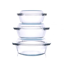 HUSANMP Set of 6 Pieces Round Tempered Glass Casserole Dish with Lids, Glass Casserole Baking Dish Set for Oven, Freezer and Dishwasher Safe - 0.7QT+1QT+1.5QT