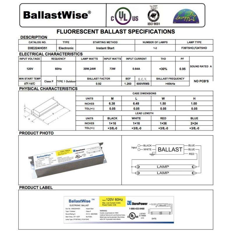 BallastWise T5 Grow Light Ballast with Wires (DXE224HO51) for 2