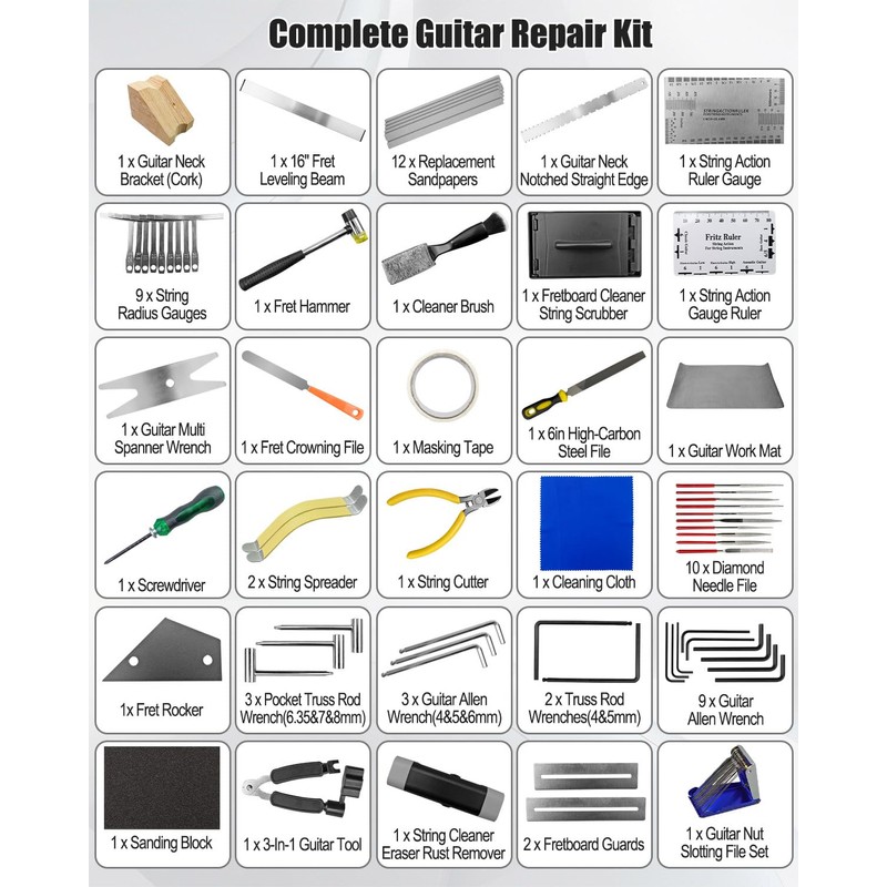 Guitar Repair Kit Luthier Tools Set, Fret Leveling Kit, Complete
