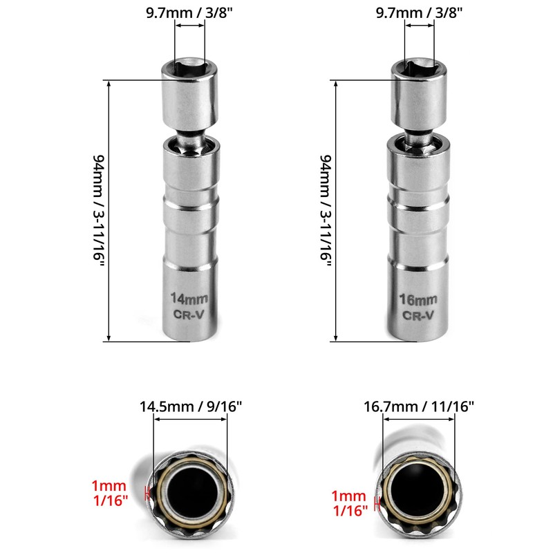 QWORK® 2Pcs Thin Wall Spark Plug Socket, 3/8 Inch 12-Point