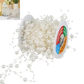 YoungJewl 13Feet Pearl String Spool Roll for Floating Candles Faux Pearls Strands Garland for Vase Filler Wedding Centerpiece Christmas Table Decor (Ivory)