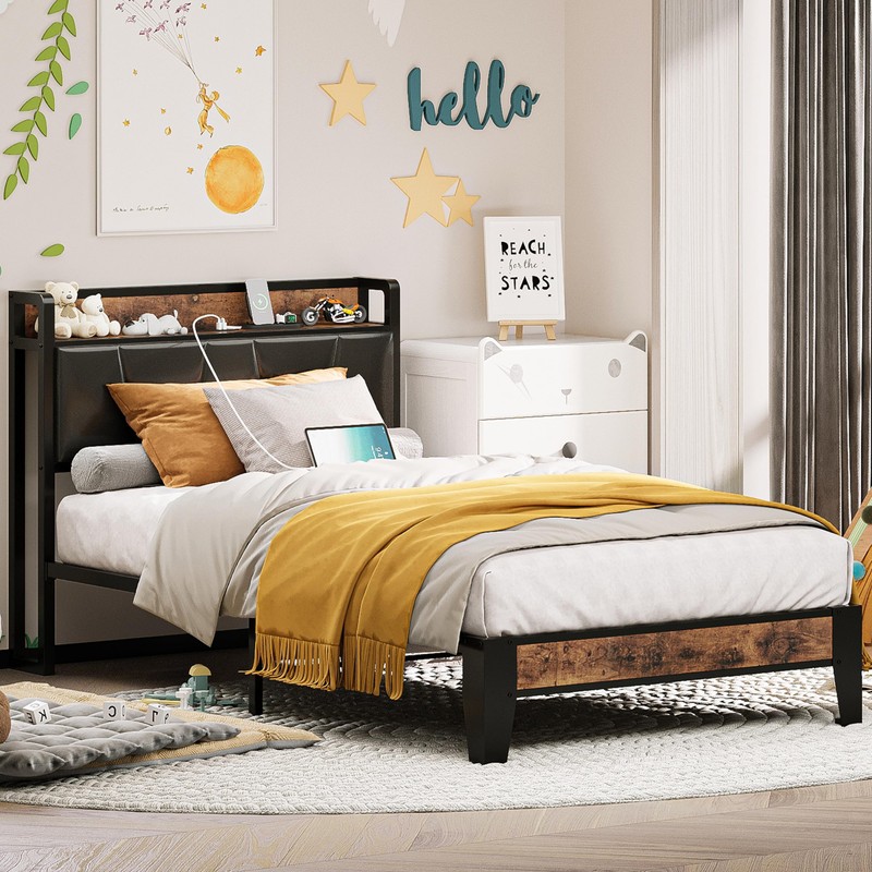 LIKIMIO Twin Bed Frame, Storage Headboard with Charging Station, Solid