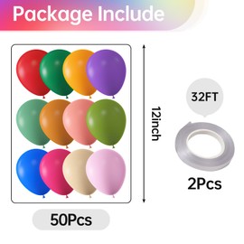 KALOR 12 Inch Rainbow Balloons, 50 Pcs Latex Helium Balloons for Kid's Birthday Party, Baby Shower, Wedding, Graduate Party Decorations