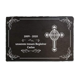 elbedruck Slate Plaque Memorial Stone with Cross Gravestone Approx. 20 x 30 cm Engraved with Desired Text and Name, Also Possible as Bell Sign, Door Sign, Motif B (without Holes)