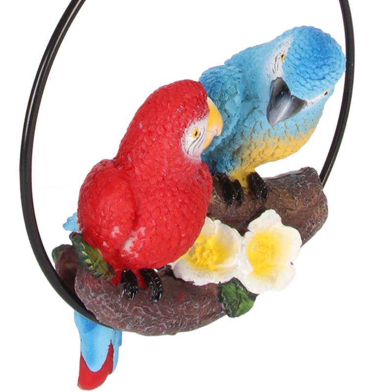 Metal Ring Double Parrot Statue Decorative Resin Perching On Branch
