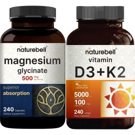 Naturebell Magnesium Glycinate 500mg + Vitamin D3 5000iu K2 MK-7, Bundle Pack