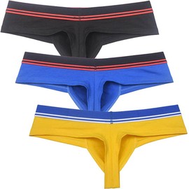 JAXFSTK Men's Cotton Bikini Thong Cheeky Boxer Briefs Underwear Elastic Waistband Brazilian Bikini Briefs 3" Butt 3-Pack(Black,Blue,Yellow) XL