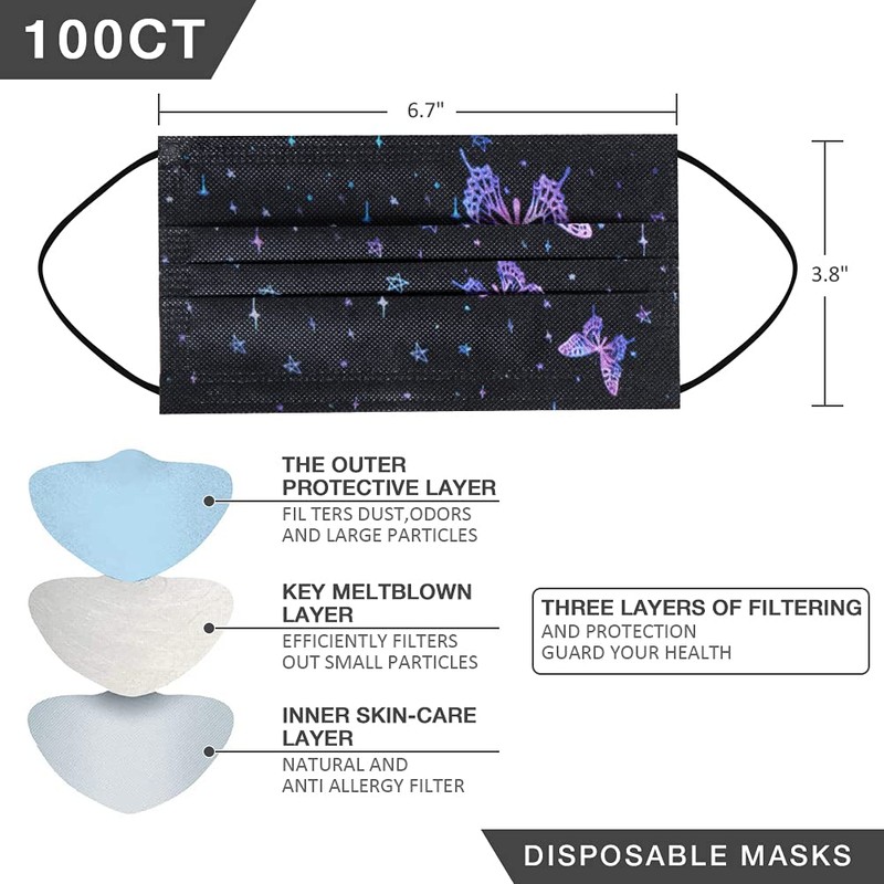 100 Pcs Disposable Face Masks - 3-layer Breathable Color Masks,