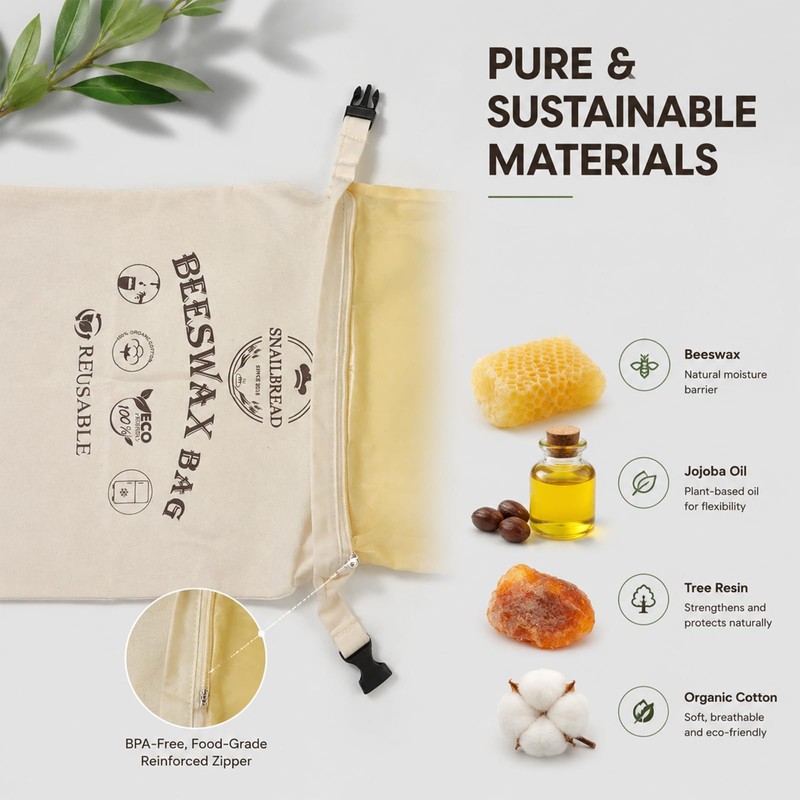 XL Reusable Beeswax Bread Bags with Zipper, 2 Pack for