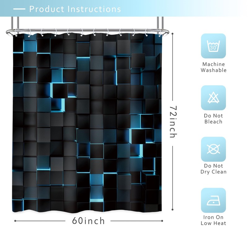 Riyidecor Black Blue Shower Curtain 60Wx72H Inch Abstract Navy Brick