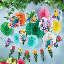 Homarkable Tropical Party Decorations, Hawaiian Party Decorations, with Paper Parrots Honeycombs and Hibiscus Flower Garland, for Summer Hawaiian Luau Tiki Tropical Jungle Themed Decorations