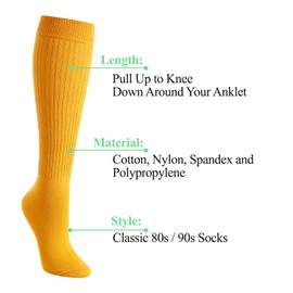 Zmart Slouch Socks Women Knee High Tube Dark Yellow Socks, Soft Scrunch Socks 80s 90s Socks Size 5-10