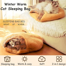 Cat Winter Sleeping Bag - Self Warming Bed Cave, Semi-Enclosed Soft Plush Large Cat Sack Covered Bed for Kitten & Puppy (Khaki, M-23.6x19.7x6.3in)