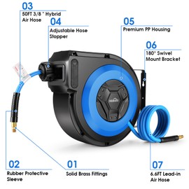 Himimi 50FT + 6.6FT Retractable Air Hose Reel, Ceiling/Wall Mount Penumatic Hose Reel for Garage Workshop, Auto Rewind, 3/8" x 50' Hybrid Air Hose Reel with Brass Fittings + Bend Restrictors, 300PSI