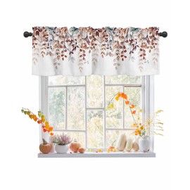 Fall Eucalyptus Leaves Valance for Windows Orange Autumn Maple Leaves Curtains Valances Orange Short Curtains Window Treatment for Kitchen Living Room Bedroom Thanksgiving Decor 1 Panel 54x18