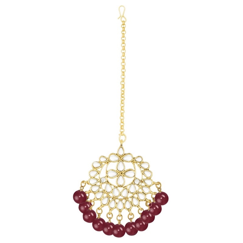 Aheli Faux Kundan Pearl Maroon Maang Tikka nupcial indio tradicional