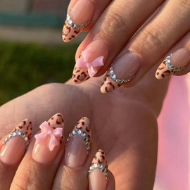 French Tip Press on Nails Almond Medium Fake Nails False Nails with Cute Pink Bow Leopard Print Rhinestones Designs Fall Acrylic Nails Autumn Glossy Glue on Nails for Women Girls 24Pcs