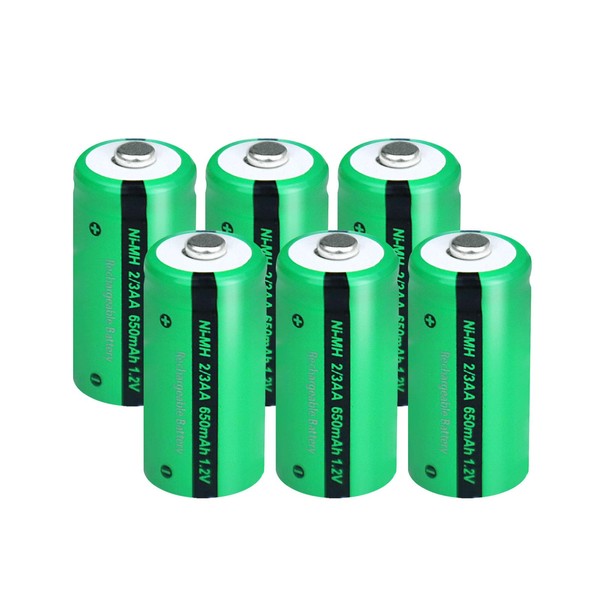 DURNERGY 6Pcs 2/3AA Batteries NIMH Rechargeable Battery 1.2V 650mah Button-Top Battery for Digital Camera Solar Lights Printers (1.18 * 0.59 inch, 2/3AA, NOT AA or AAA Size)