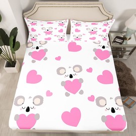 Cartoon Koala Bed Sheet Set, Cute Animal Bedding Bed Sheets Wild Animals Pink Treasure Fitted Sheet for Boys Girls Kids Teens Duvet Twin Size