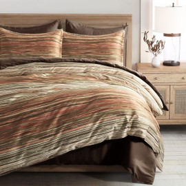 Eikei Minimalist Abstract Striped Duvet Cover Dusty Cedar Clay Taupe Tan Light Grey Olive Geo Brush Stroke Pattern 100% Cotton Sateen 400TC Bedding Set Blended Stripes (Copper Olive, Super King)