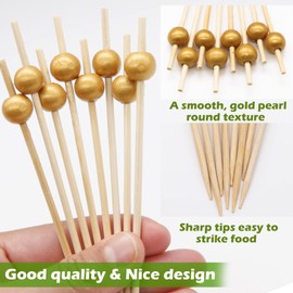 EuTengHao 200Pcs Cocktail Picks 4.7 Inch Bamboo Cocktail Toothpicks, Cocktail Skewers for Appetizers Desserts Drinks Charcuterie, Birthday Wedding Party Fancy Toothpicks with Gold Pearl Food Picks