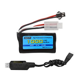 AMZZN 7.4V 1000mAh 2S Li-ion Battery with SM-2P Plug and USB Charging Cable for WPL MN D90/91, 99/99s D12 RC Car, H101 Remote Control Boat and Ansky Gel Ball Impact Gun Battery