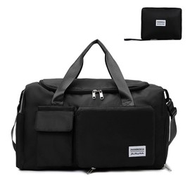 Multipurpose 20L Foldable Duffel Bag Gym Yoga Bag Carry-On Shopping Sack Travel Organizer Cabin Bag Sundry Package Wet&Dry Compartment (Black)