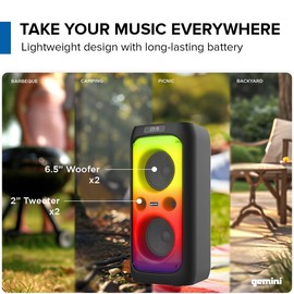 Gemini 200W Portable Bluetooth Party Speaker with Dual 6.5" Woofers, LED Lights, Wireless Mic, 9Hr Battery Play Time, TWS Pairing & USB Playback (GGO-2650L)