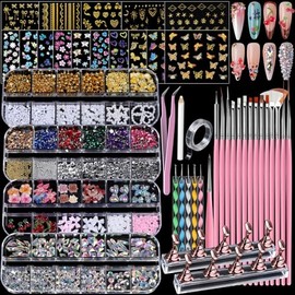 Teenitor 4 Boxes Nail Charms and Gems Set, Nail Rhinestones Nail Kit with Nail Art Brushes Nail Stand, Nail Gems Nail Design Tools with 15pcs Nail Stickers, Gold Nail Pearls for Women Nail Decorations
