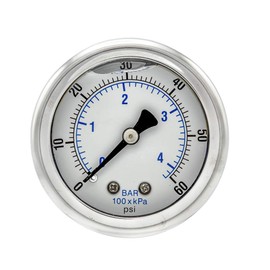 PIC Gauge 202L-204D Glycerin Filled Industrial Center Back Mount Pressure Gauge with Stainless Steel Case, Brass Internals, Plastic Lens, 2" Dial Size, 1/4" Male NPT Connection Size, 0/60 psi Range