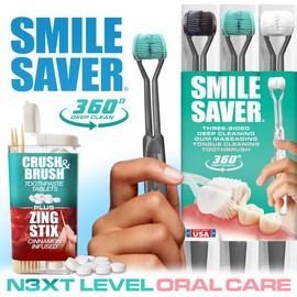 SMILE SAVER 360° Deep Clean 3-Sided Toothbrush 3PK + Toothpaste Tablets + Flavor Infused Toothpicks | Deep Cleaning + Gum Massage + Tongue Scraper (Black, Teal & White - Charcoal - Cinnamon)