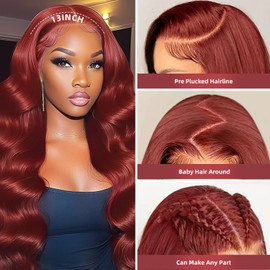 xaziudi 99J Burgundy Lace Front Wigs Human Hair 13X4 HD Burgundy Wig 200% Density Pre-Plucked Red Wig Human Hair For Women 24 Inch
