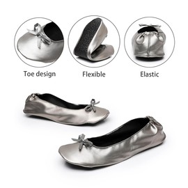 Nexoria Women's Foldable Ballet Flats, Portable Roll Up Shoes with Zipper Pouch, Comfortable & Non-Slip, Perfect for Weddings, Office (Silver,L)
