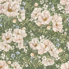 VEELIKE Vintage Peonies Wallpaper Green Floral Peel and Stick Wallpaper for Bathroom Bedroom 17.7''x354'' Removable Botanical Wall Paper Self Adhesive Green Floral Contact Paper for Cabinets Walls