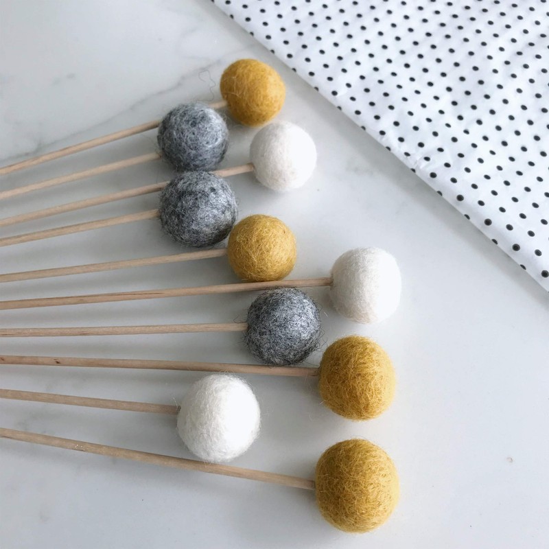 Felt Ball Flower Stems in Mustard, Grey & White By