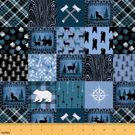 Bear Fabric by The Yard Cute Elk Print Decorative Waterproof Outdoor Fabric Farmhouse Wild Animals Style Upholstery Fabric for Chairs Plaid Grid Geocmetric Blue Black Outdoor Fabric 1 Yard